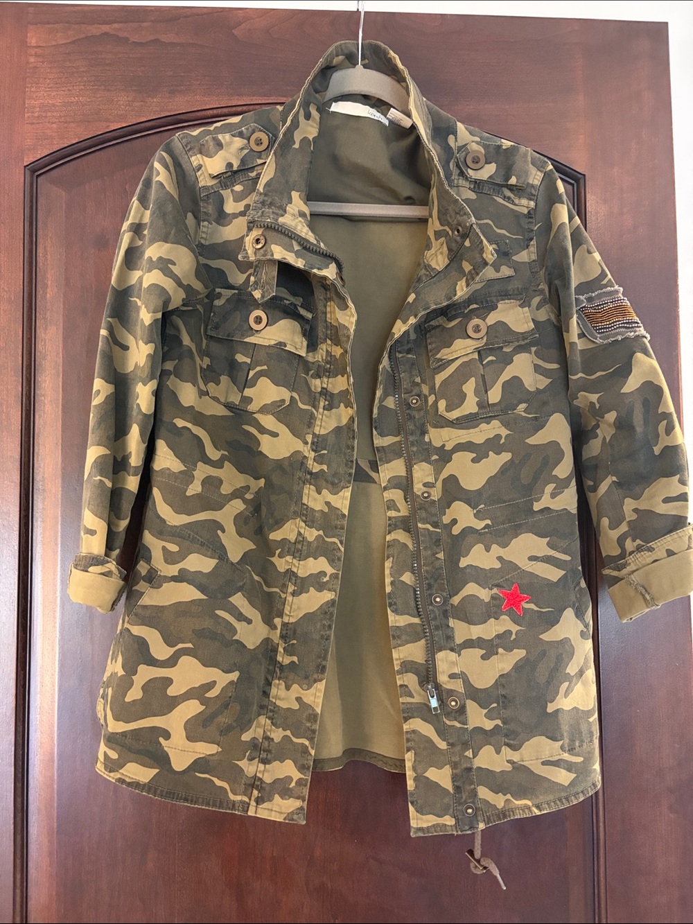 Kersh Olive & Khaki Camo Utility Jacket with Red Star and Beaded Patch Detail